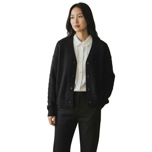 Vista Alegre Sweaters - VISTA-Wool Blnd Black Cable Knit Btn Front V Neck Cardigan Sweater Alice Turtle